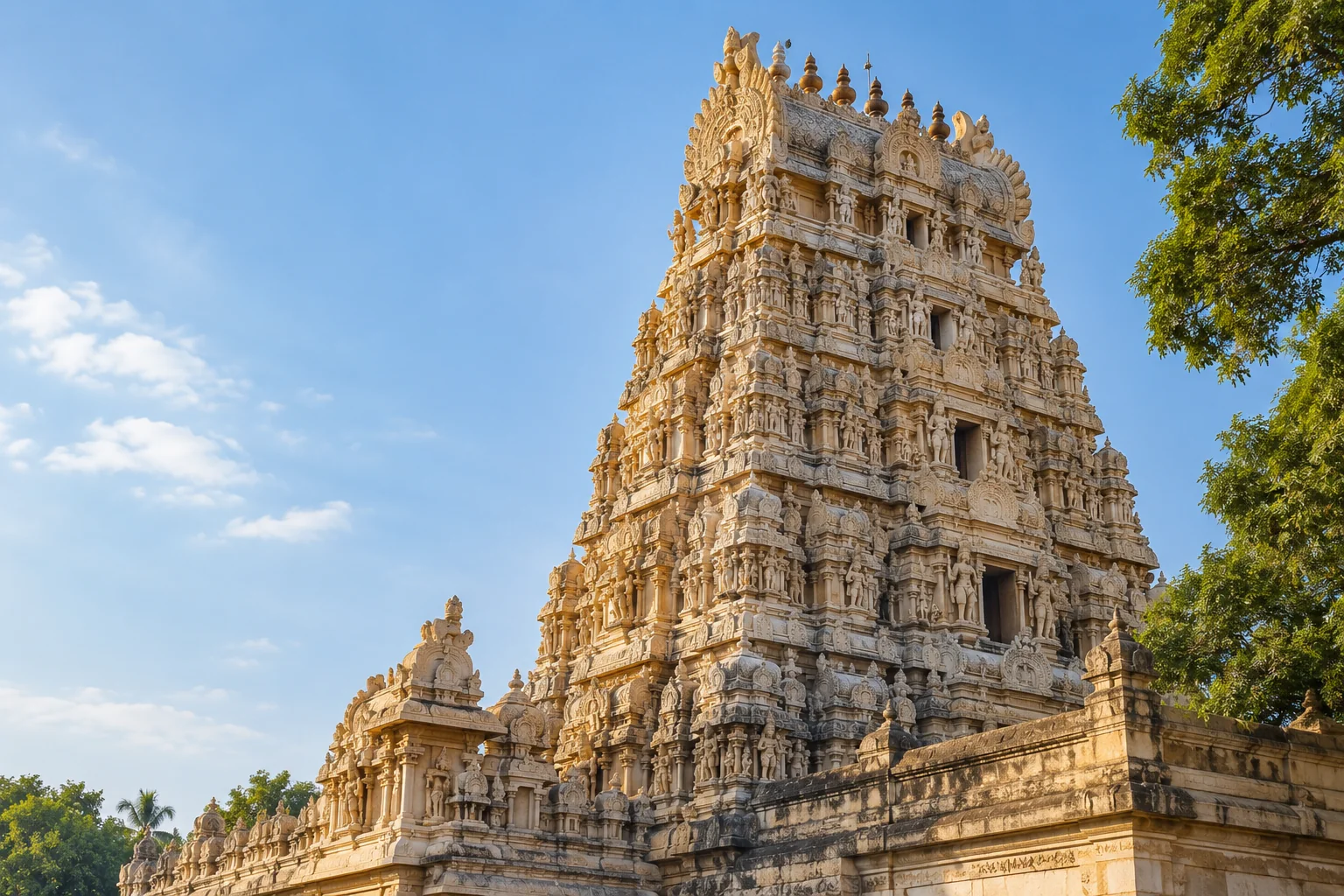 Carved stone gopuram of a South Indian Hindu temple beneath a clear blue sky
