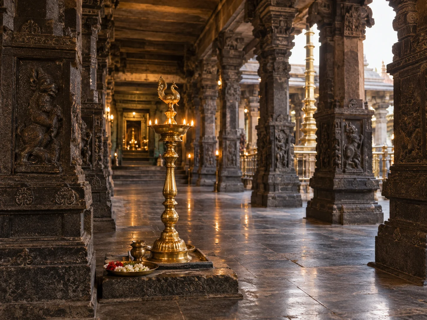 Traditional brass lamp surrounded by intricately carved temple columns